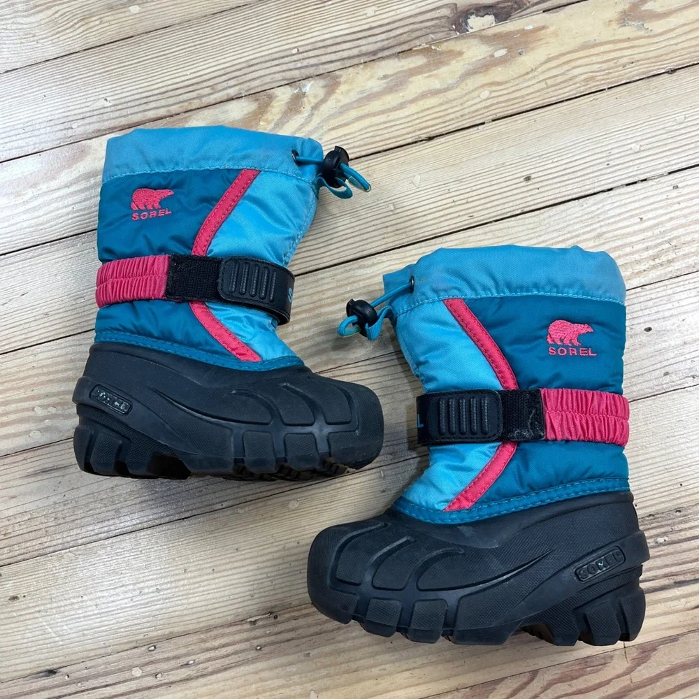Sorel Toddler Flurry Snow Boots Teal Pink Black NV1885-477 Size 6 winter warm